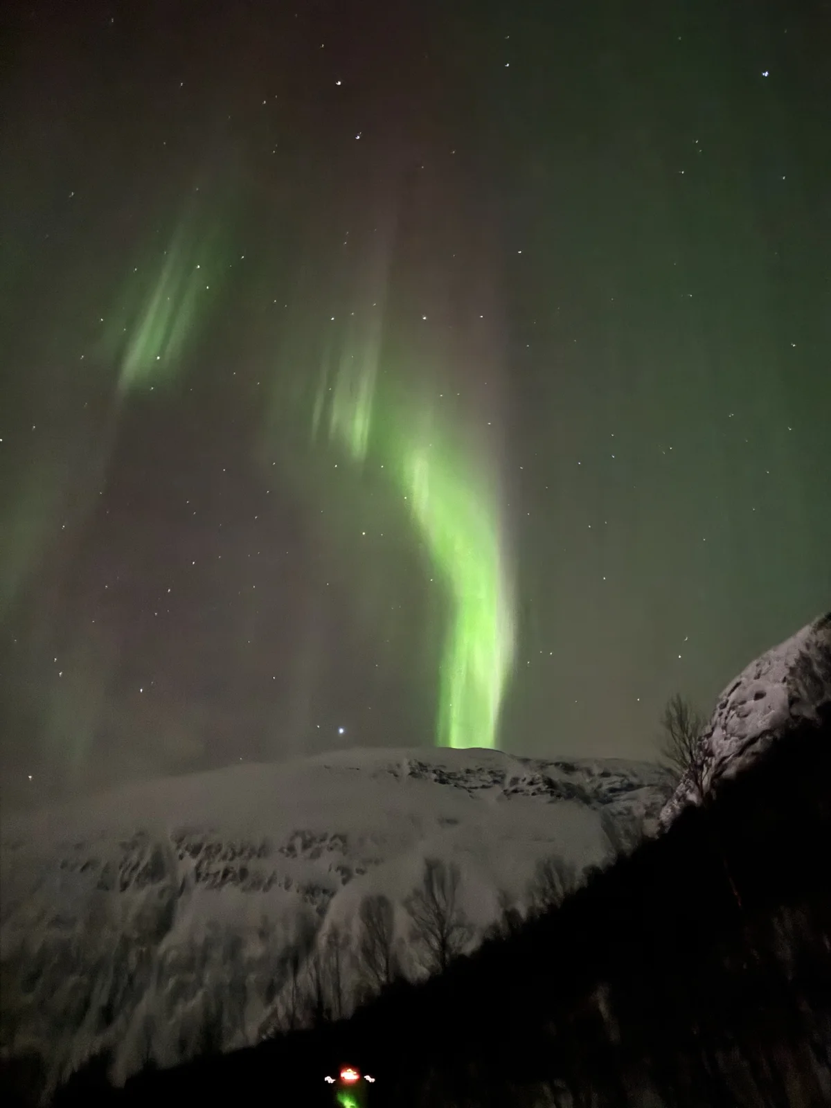 Northern Lights After Dark — A bright green aurora ribbon above a snowy mountain